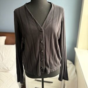 Madewell Black V-Neck Button-Up Cardigan with Stripe Detail